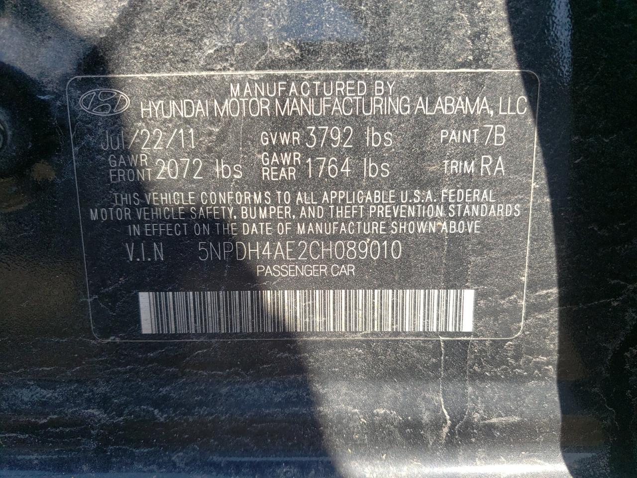 Photo 10 from auction – 2012 HYUNDAI ELANTRA GL with VIN 5NPDH4AE2CH089010