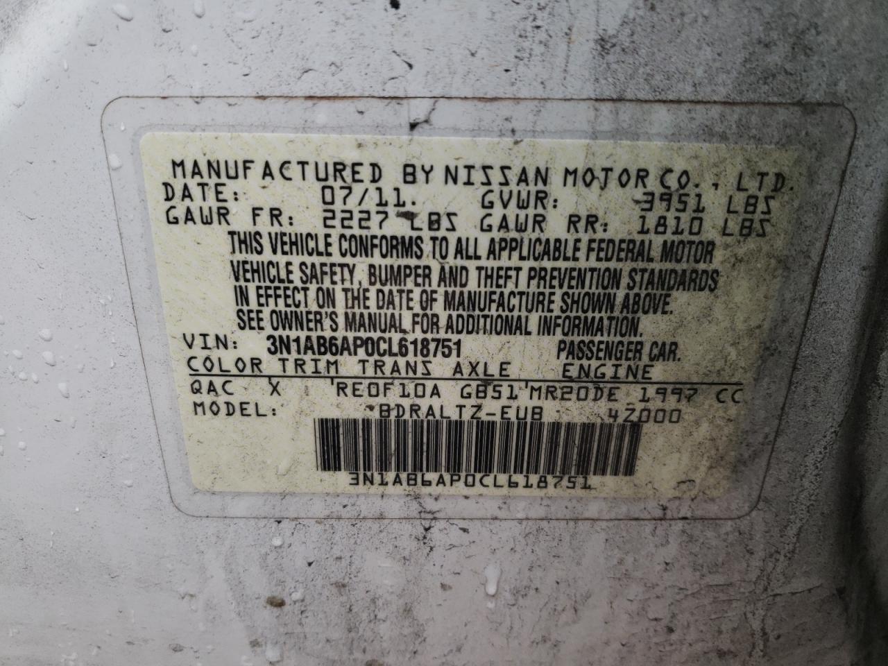Photo 10 from auction – 2012 NISSAN SENTRA 2.0 with VIN 3N1AB6AP0CL618751
