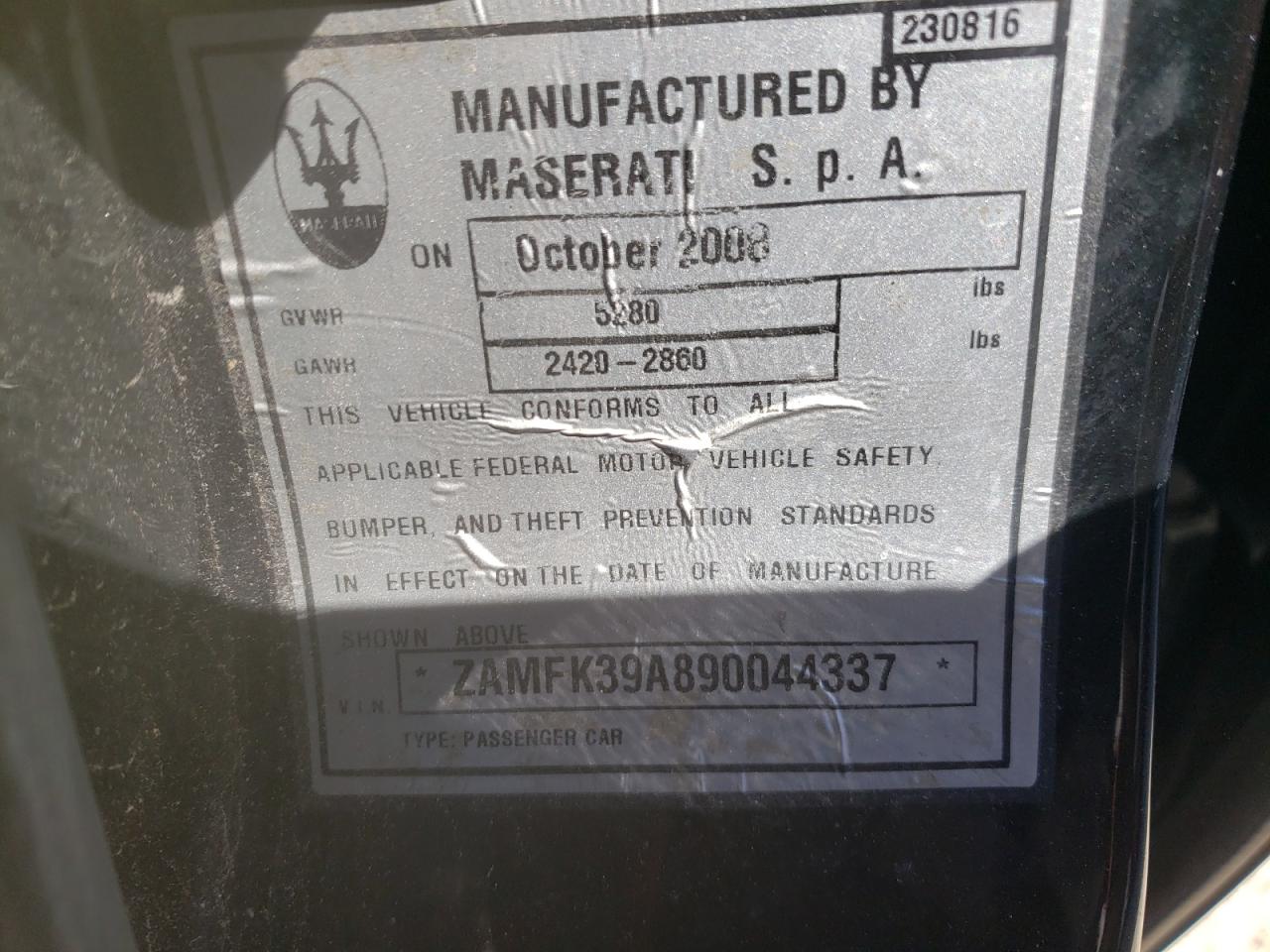 Photo 10 from auction – 2009 MASERATI QUATTROPOR with VIN ZAMFK39A890044337