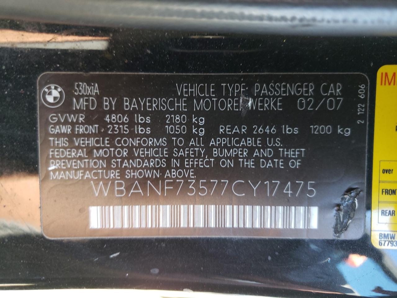 Photo 10 from auction – 2007 BMW 530 XI with VIN WBANF73577CY17475