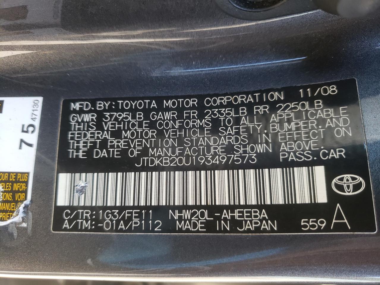 Photo 10 from auction – 2009 TOYOTA PRIUS with VIN JTDKB20U193497573