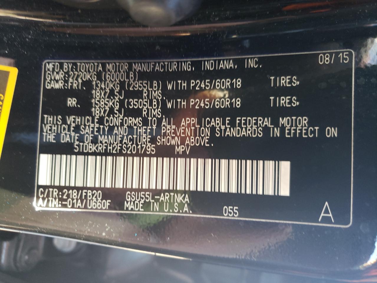 Photo 10 from auction – 2015 TOYOTA HIGHLANDER with VIN 5TDBKRFH2FS201795
