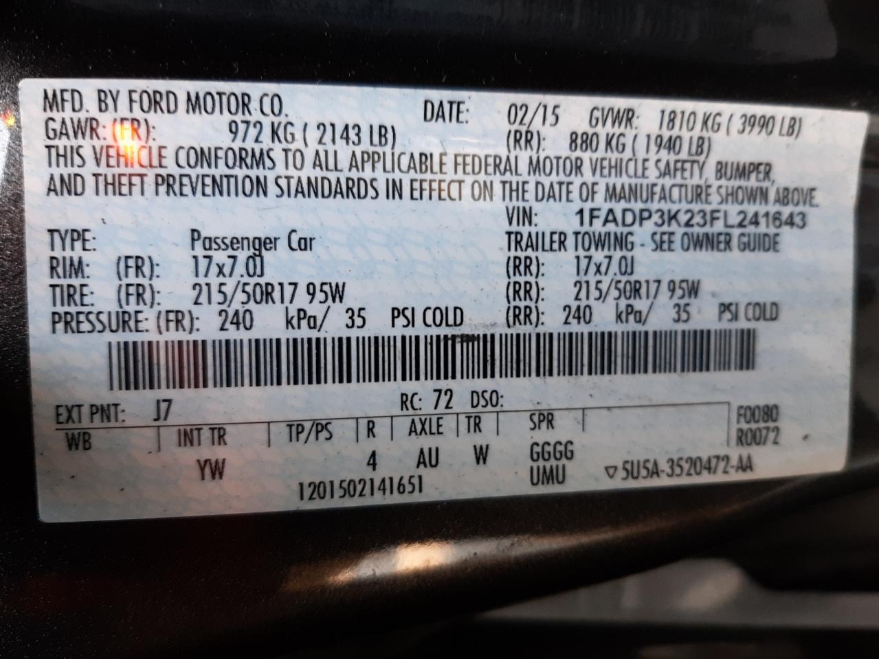 Photo 10 from auction – 2015 FORD FOCUS SE with VIN 1FADP3K23FL241643