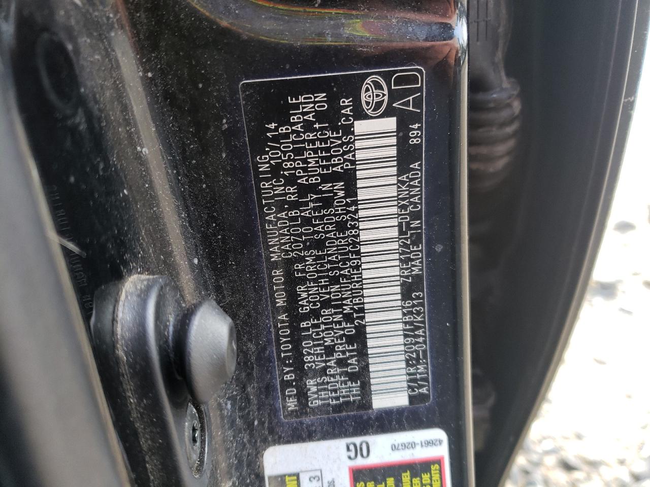 Photo 10 from auction – 2015 TOYOTA COROLLA L with VIN 2T1BURHE9FC283241