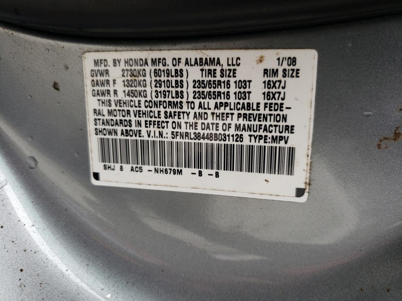 Photo 10 from auction – 2008 HONDA ODYSSEY EX with VIN 5FNRL38448B031126