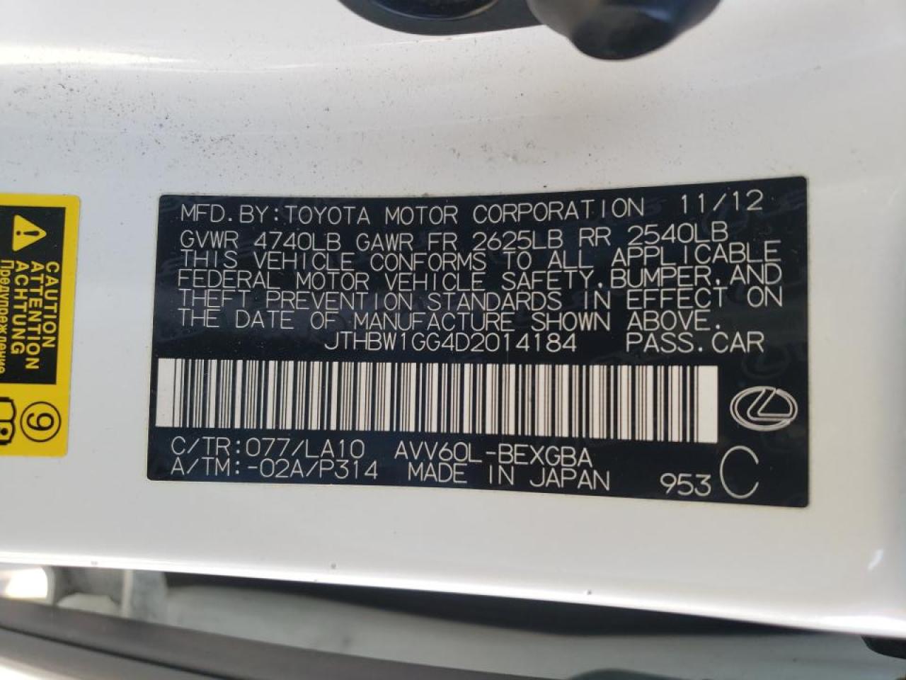 Photo 10 from auction – 2013 LEXUS ES 300H with VIN JTHBW1GG4D2014184