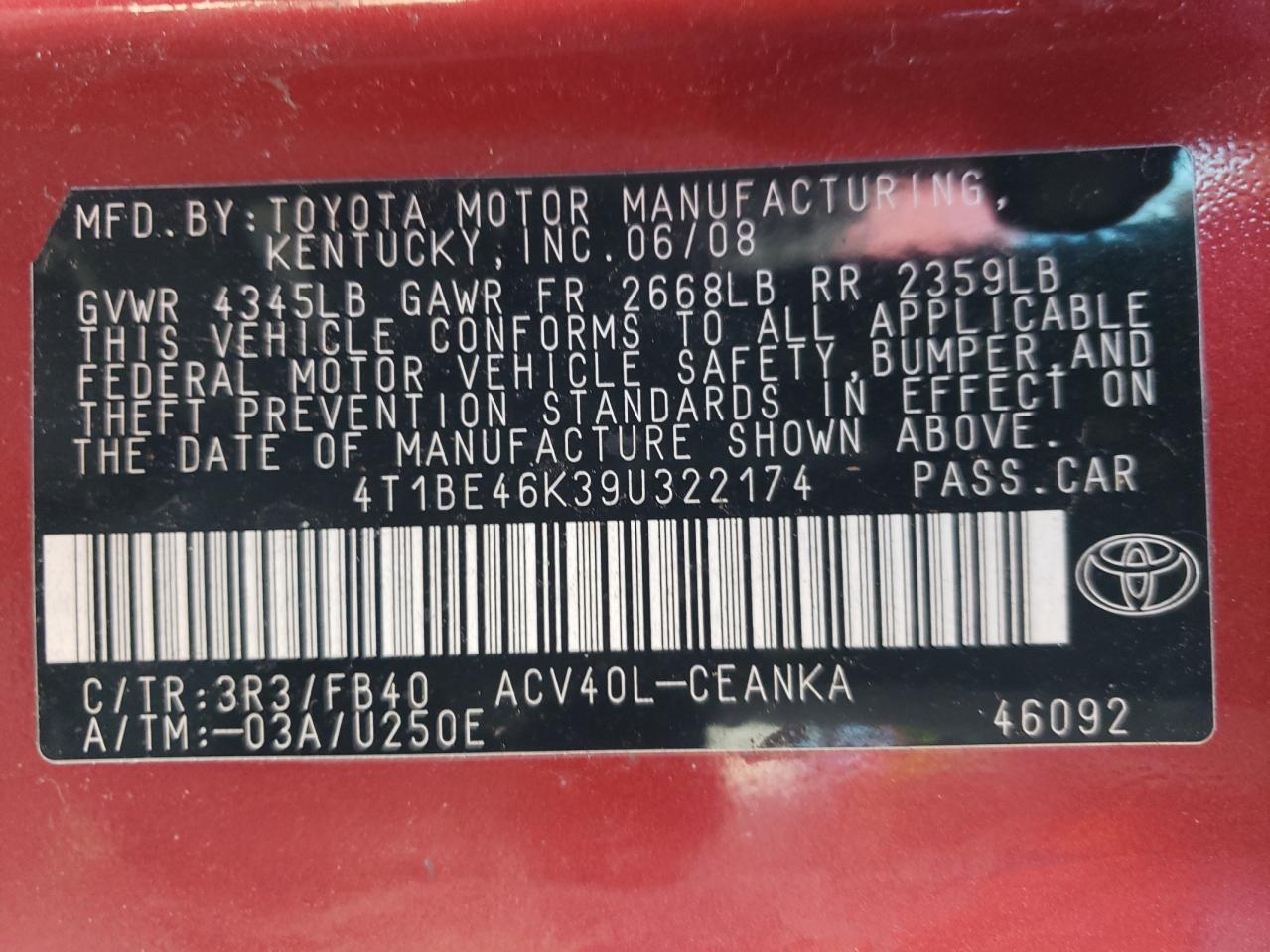 Photo 10 from auction – 2009 TOYOTA CAMRY BASE with VIN 4T1BE46K39U322174