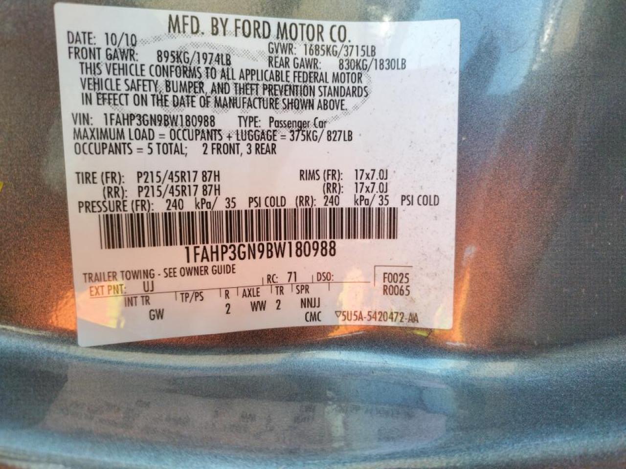 Photo 10 from auction – 2011 FORD FOCUS SES with VIN 1FAHP3GN9BW180988