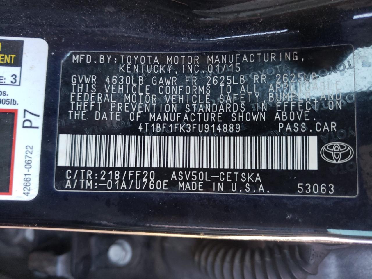 Photo 10 from auction – 2015 TOYOTA CAMRY LE with VIN 4T1BF1FK3FU914889