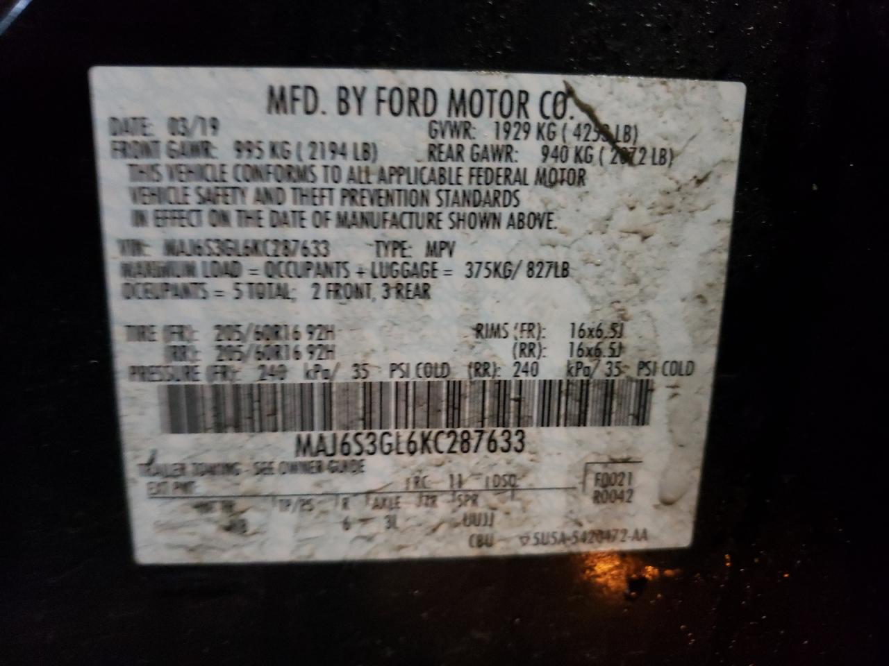 Photo 10 from auction – 2019 FORD ECOSPORT S with VIN MAJ6S3GL6KC287633