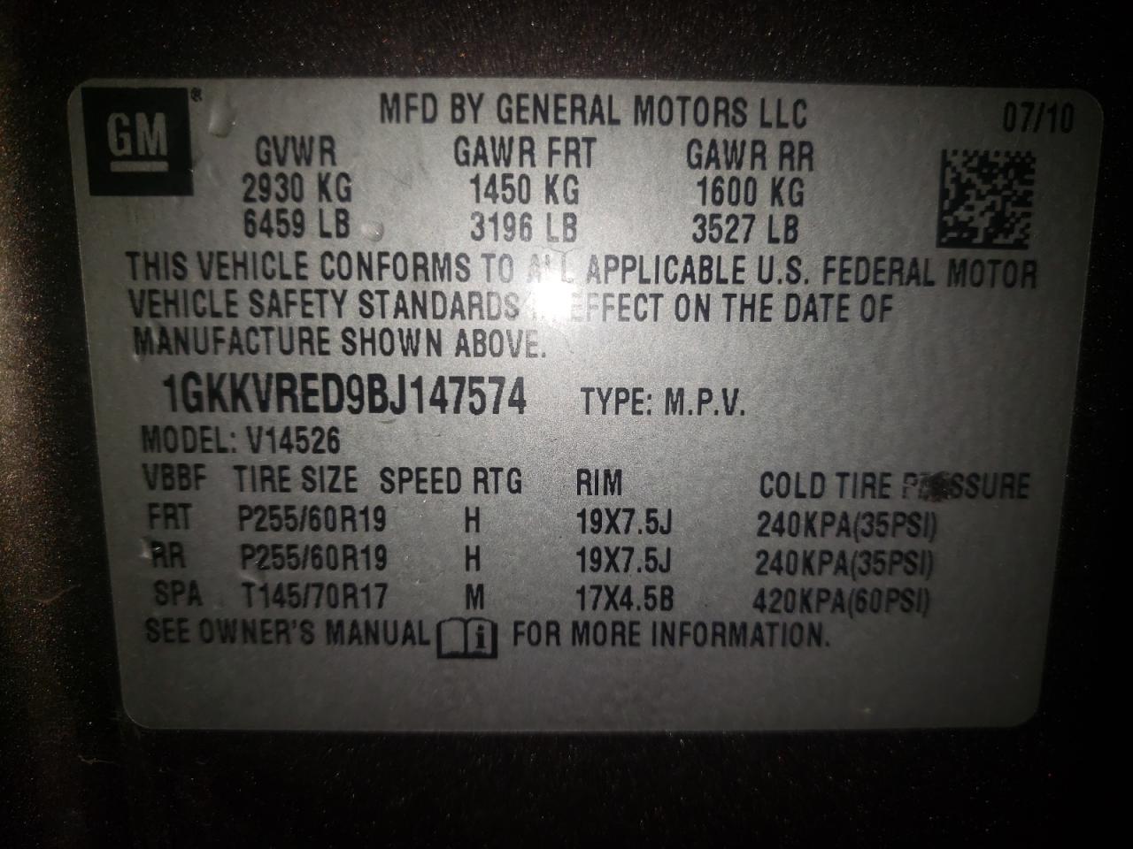 Photo 10 from auction – 2011 GMC ACADIA SLT with VIN 1GKKVRED9BJ147574