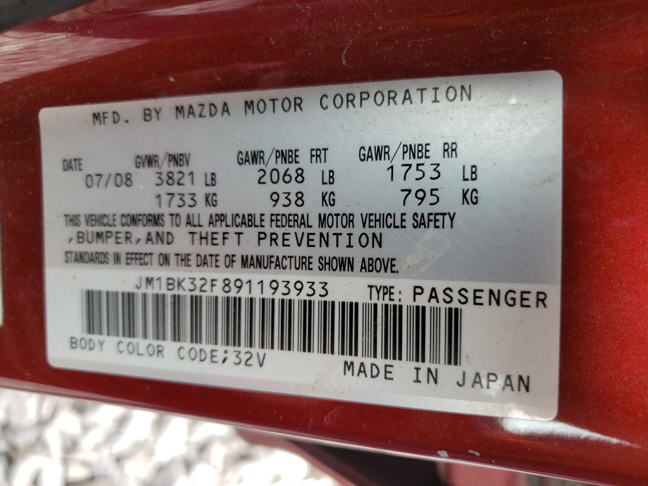 Photo 10 from auction – 2009 MAZDA 3 I with VIN JM1BK32F891193933