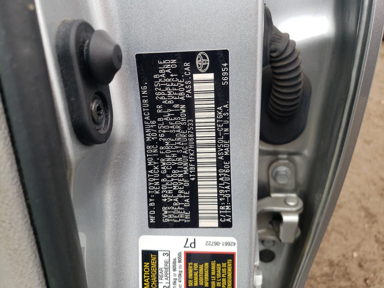 Photo 10 from auction – 2017 TOYOTA CAMRY with VIN 4T1BF1FK7HU687533