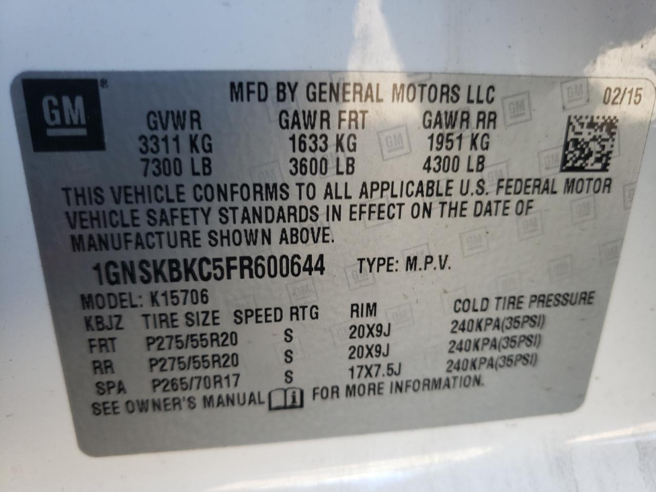 Photo 10 from auction – 2015 CHEVROLET TAHOE K150 with VIN 1GNSKBKC5FR600644