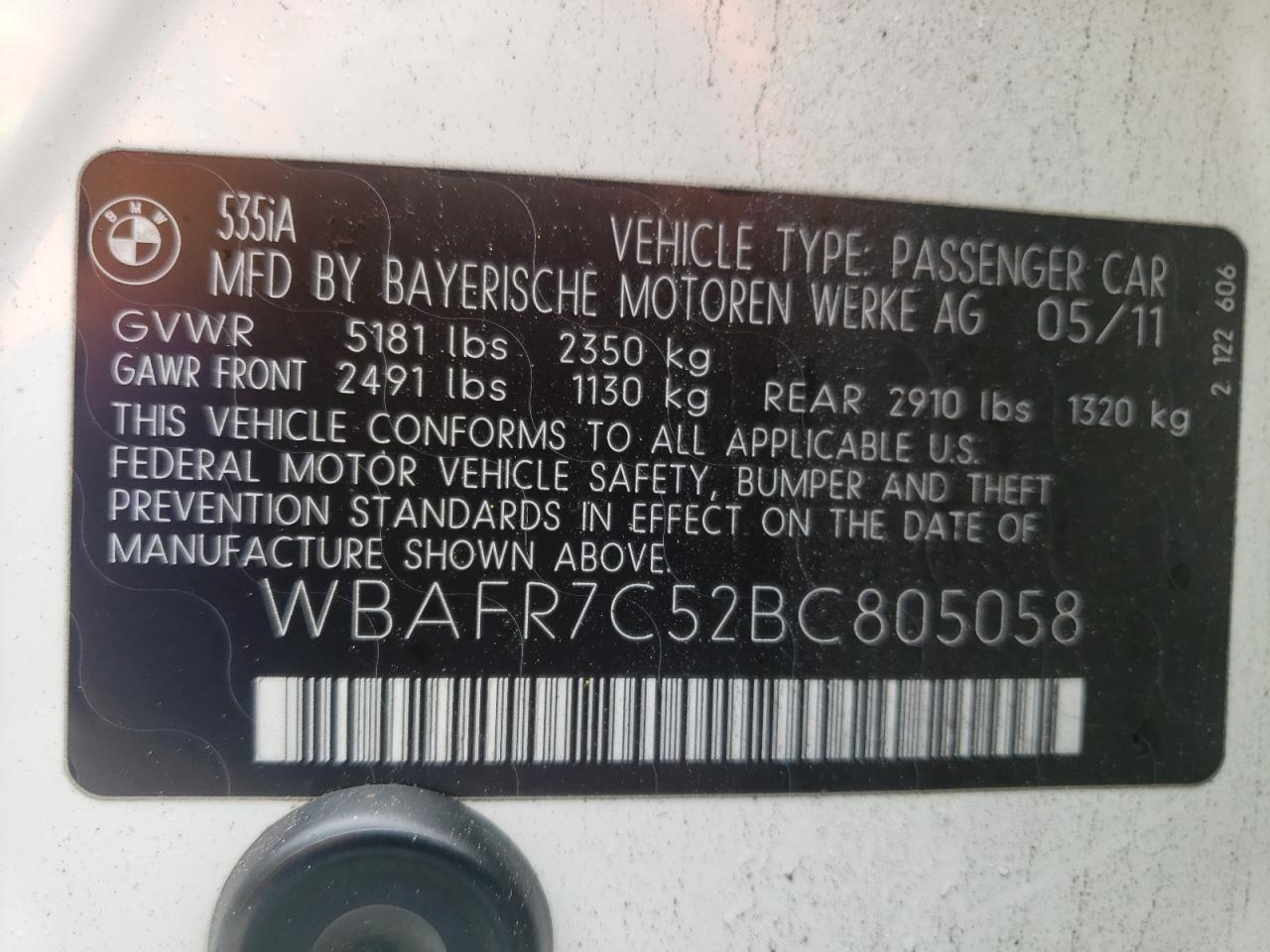 Photo 10 from auction – 2011 BMW 535 I with VIN WBAFR7C52BC805058