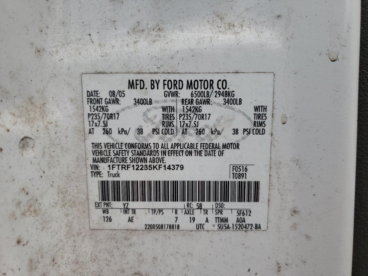 Photo 10 from auction – 2005 FORD F150 with VIN 1FTRF12235KF14379