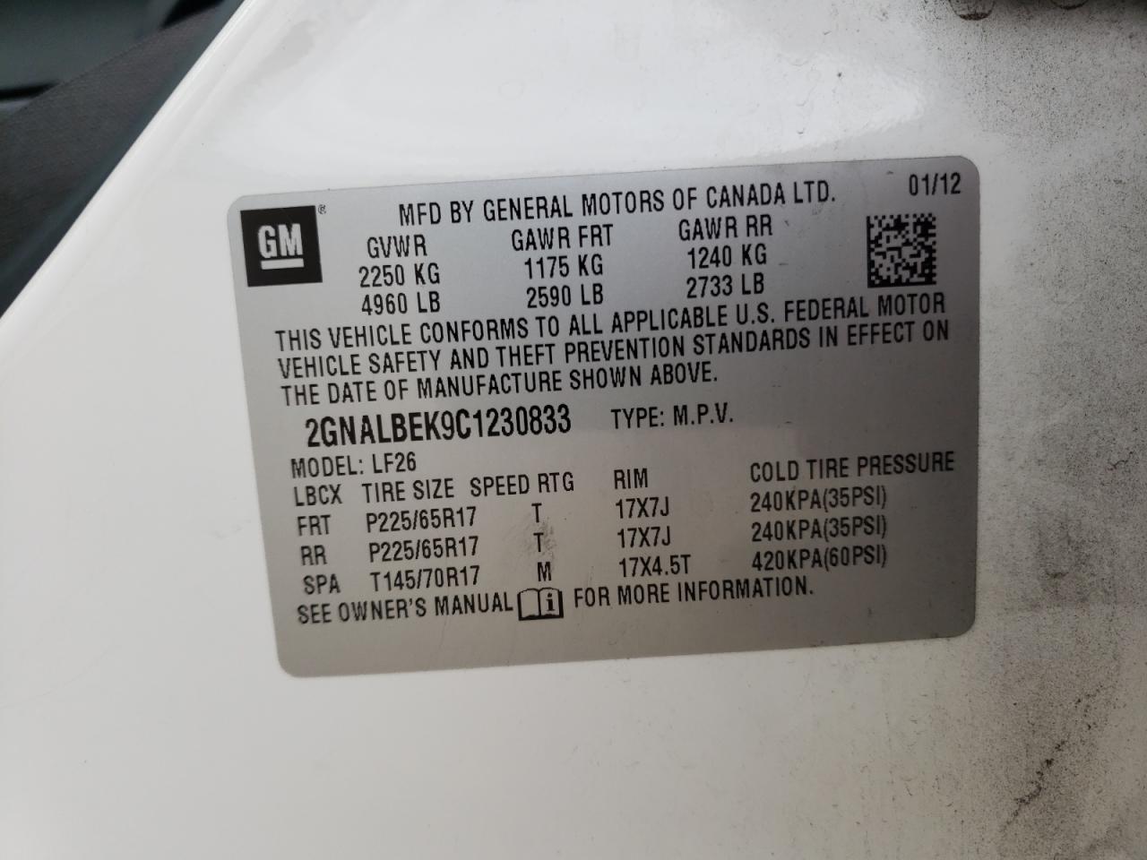 Photo 10 from auction – 2012 CHEVROLET EQUINOX LS with VIN 2GNALBEK9C1230833