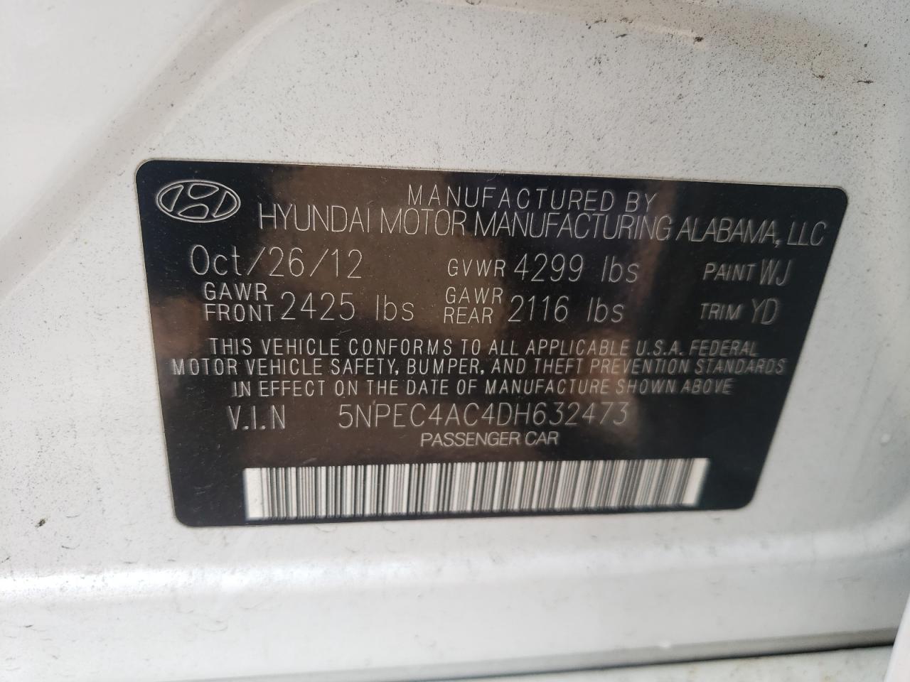 Photo 10 from auction – 2013 HYUNDAI SONATA SE with VIN 5NPEC4AC4DH632473