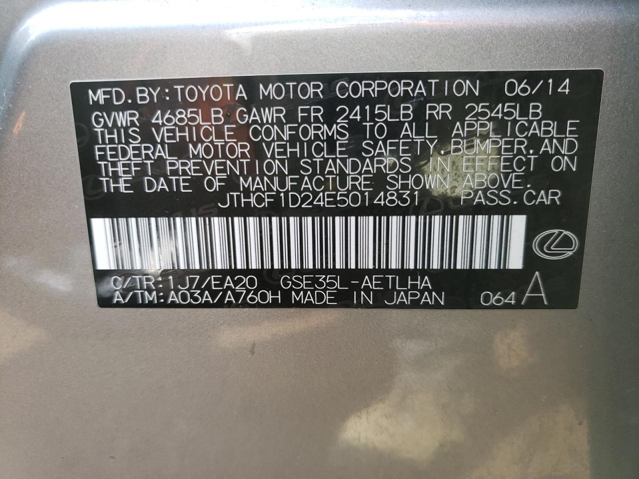 Photo 10 from auction – 2014 LEXUS IS 250 with VIN JTHCF1D24E5014831