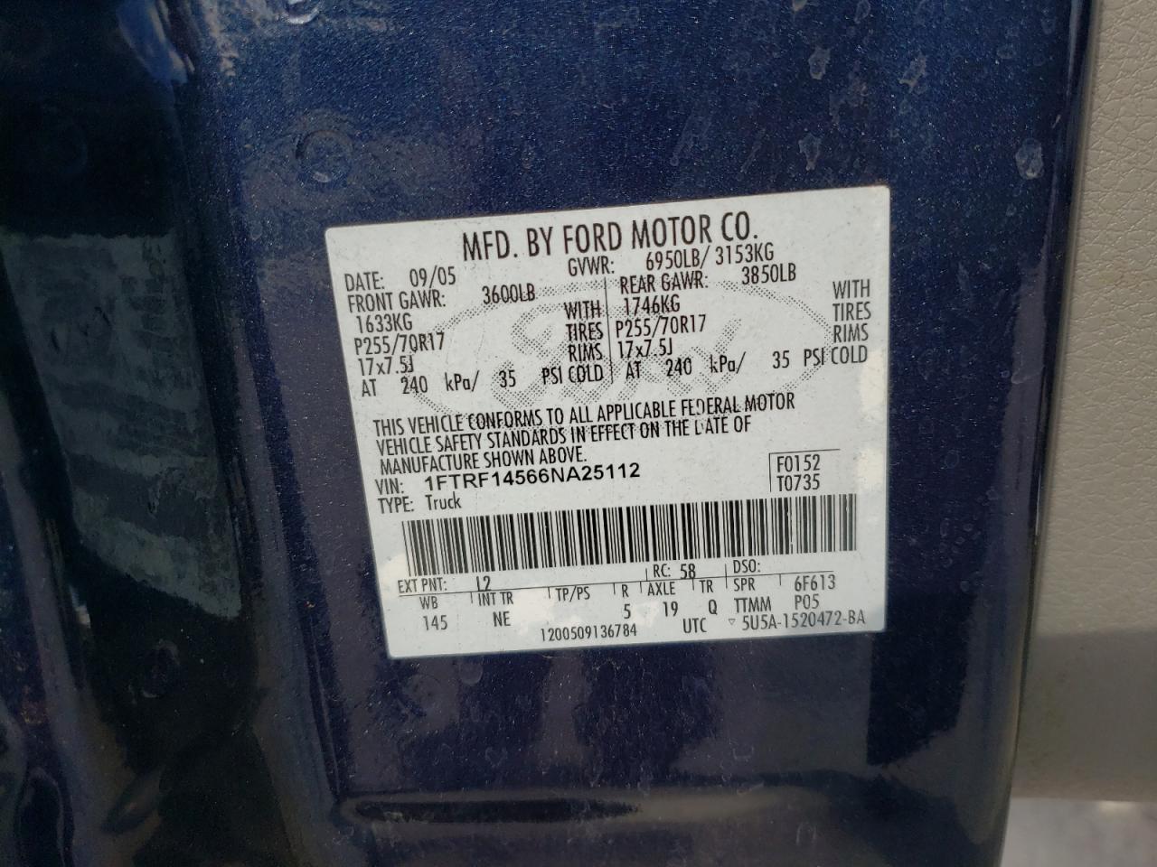 Photo 10 from auction – 2006 FORD F150 with VIN 1FTRF14566NA25112