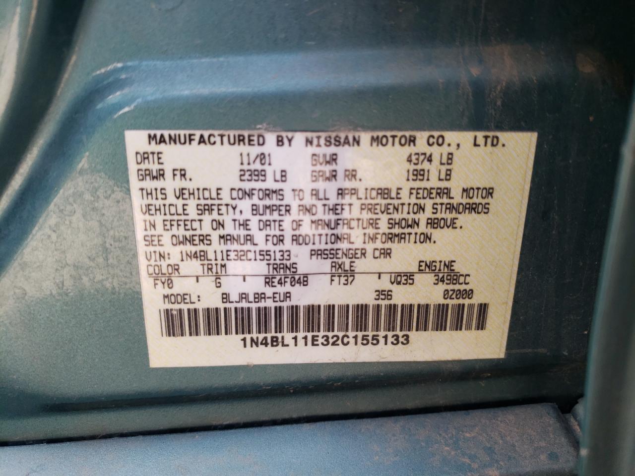 Photo 10 from auction – 2002 NISSAN ALTIMA SE with VIN 1N4BL11E32C155133