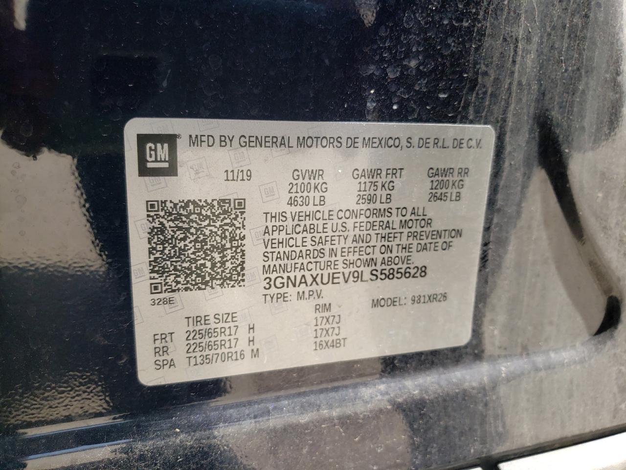 Photo 10 from auction – 2020 CHEVROLET EQUINOX LT with VIN 3GNAXUEV9LS585628