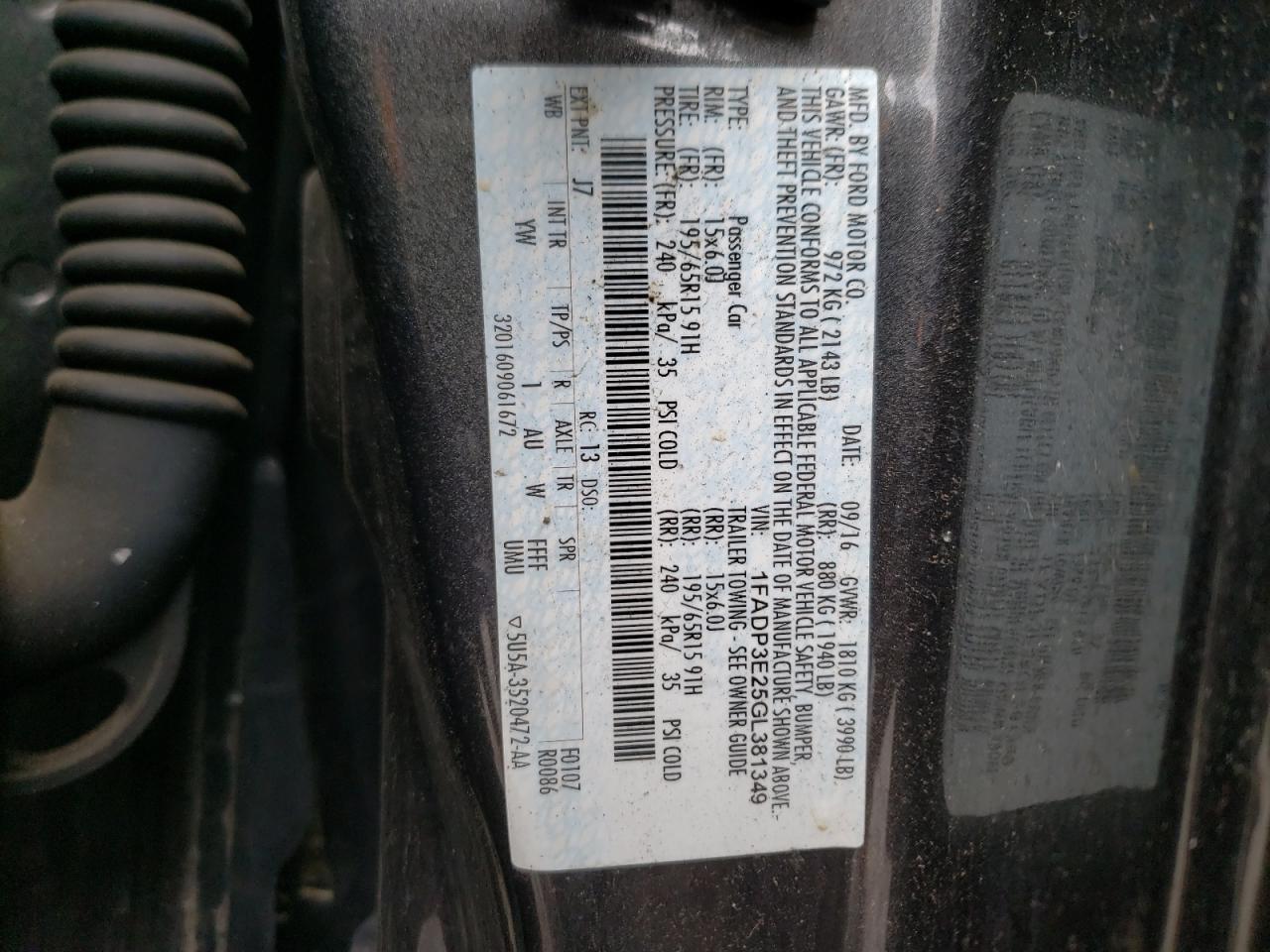 Photo 10 from auction – 2016 FORD FOCUS S with VIN 1FADP3E25GL381349