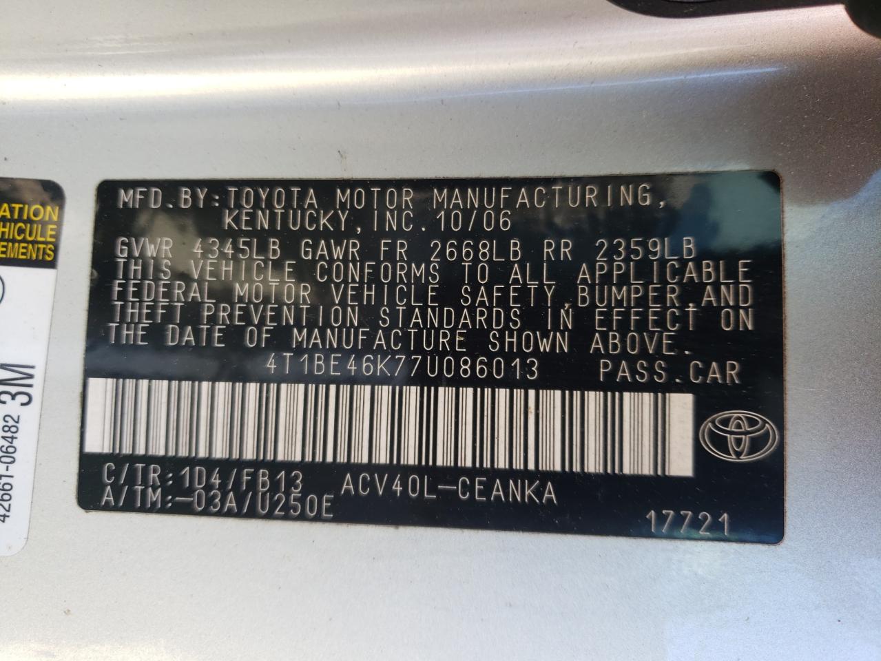 Photo 10 from auction – 2007 TOYOTA CAMRY CE with VIN 4T1BE46K77U086013