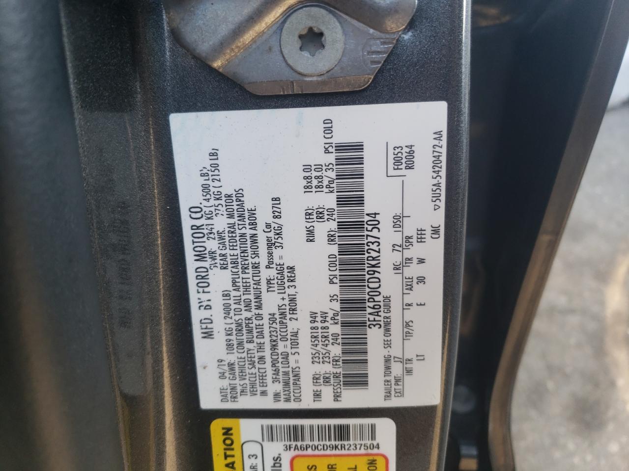 Photo 10 from auction – 2019 FORD FUSION SEL with VIN 3FA6P0CD9KR237504