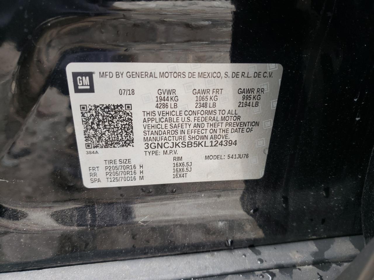 Photo 10 from auction – 2019 CHEVROLET TRAX LS with VIN 3GNCJKSB5KL124394