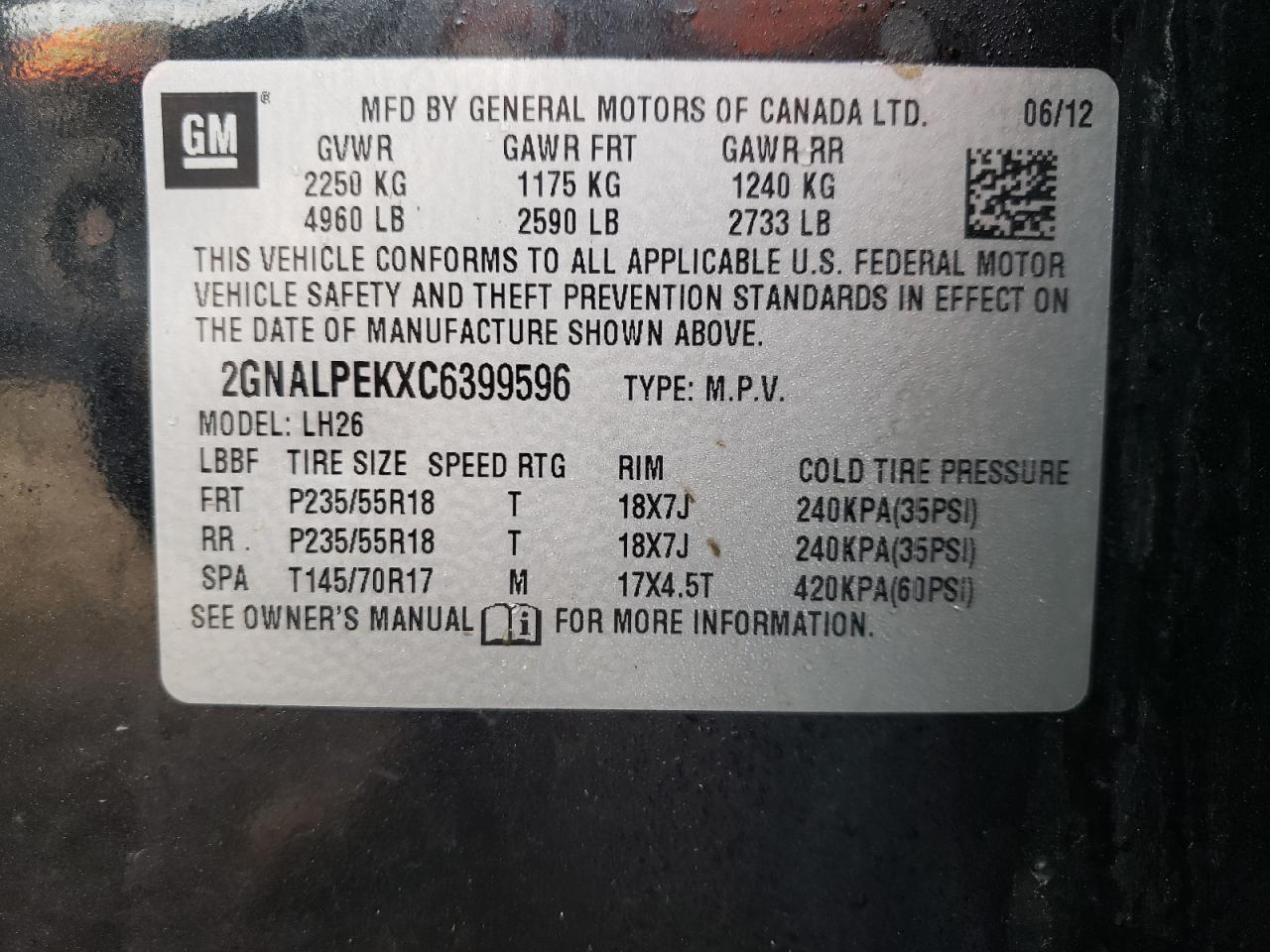 Photo 10 from auction – 2012 CHEVROLET EQUINOX LT with VIN 2GNALPEKXC6399596