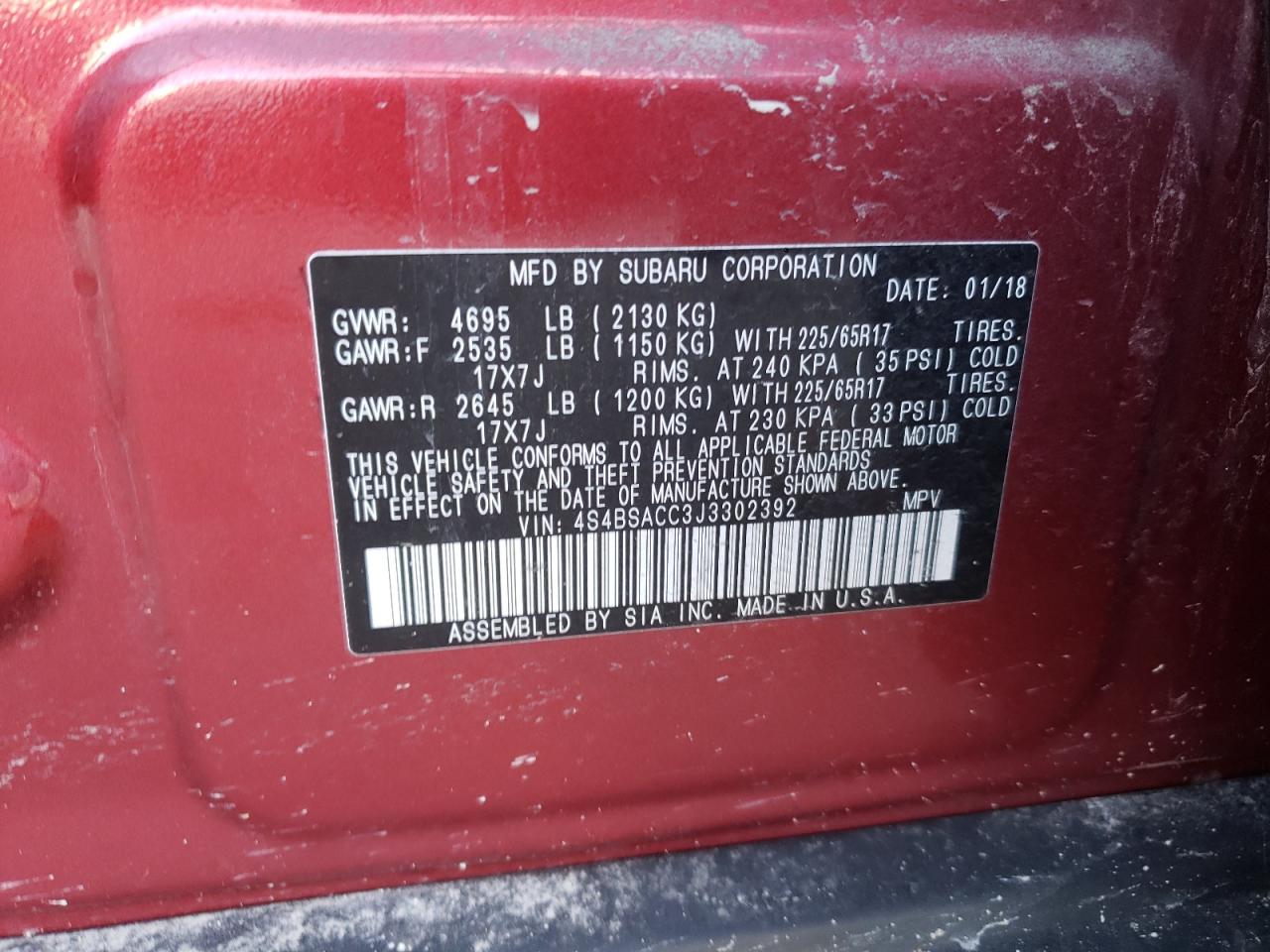 Photo 10 from auction – 2018 SUBARU OUTBACK 2. with VIN 4S4BSACC3J3302392