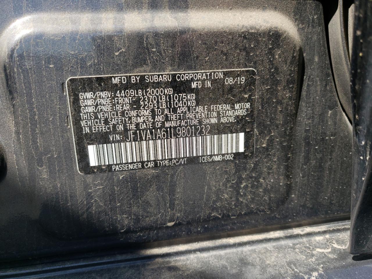 Photo 10 from auction – 2020 SUBARU WRX with VIN JF1VA1A61L9801232