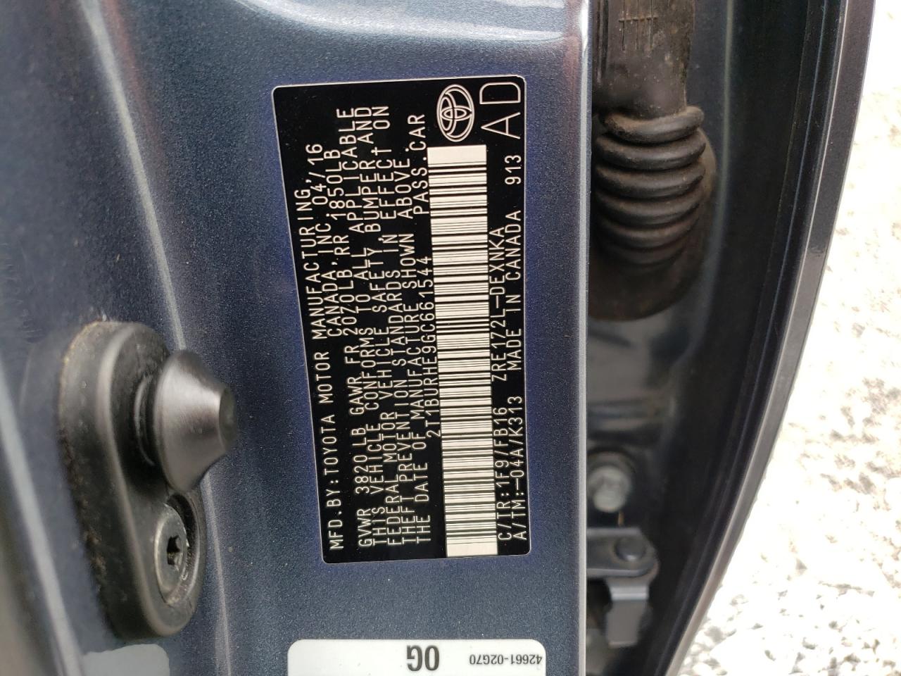 Photo 10 from auction – 2016 TOYOTA COROLLA L with VIN 2T1BURHE9GC661544