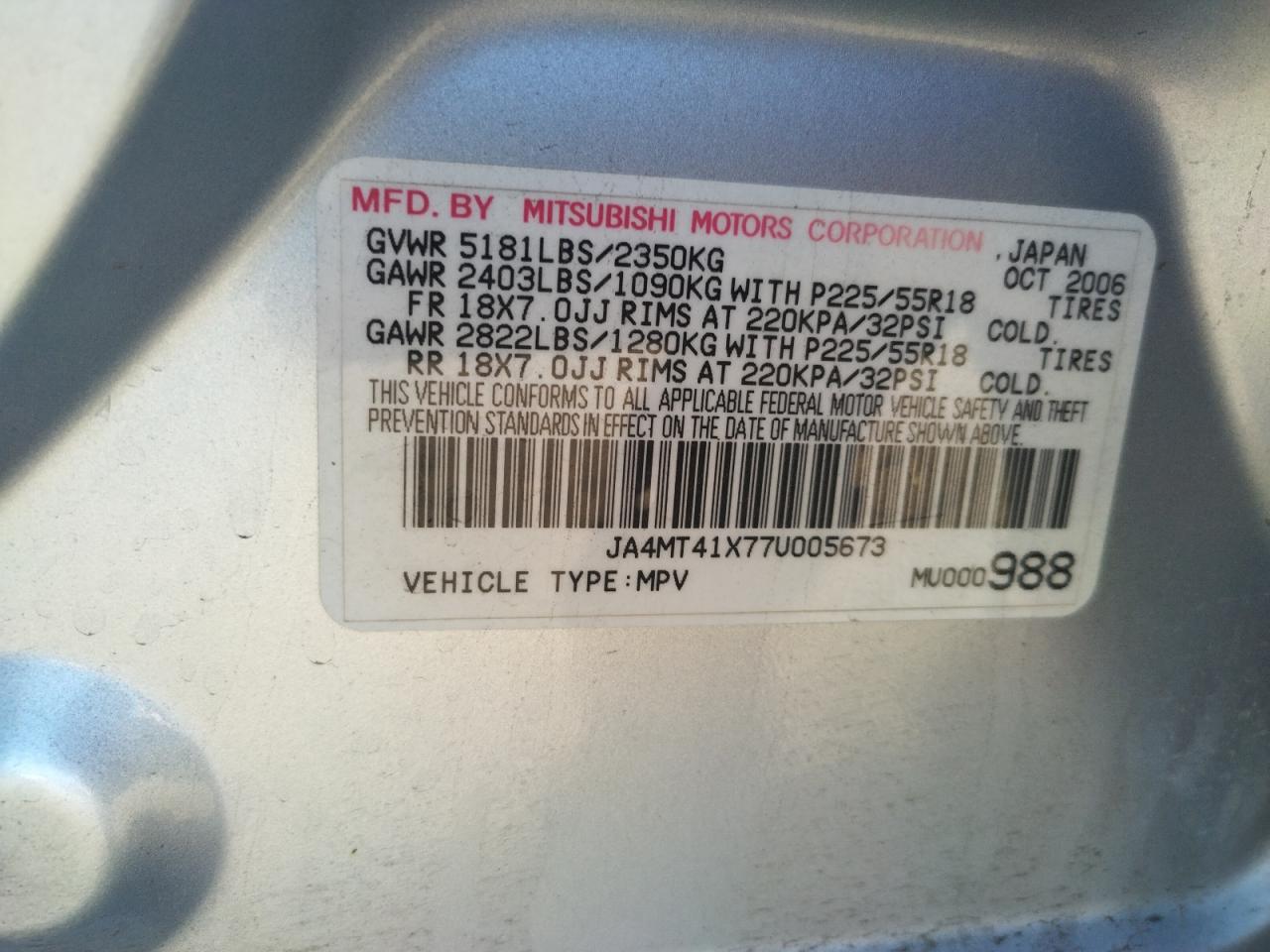 Photo 10 from auction – 2007 MITSUBISHI OUTLANDER with VIN JA4MT41X77U005673