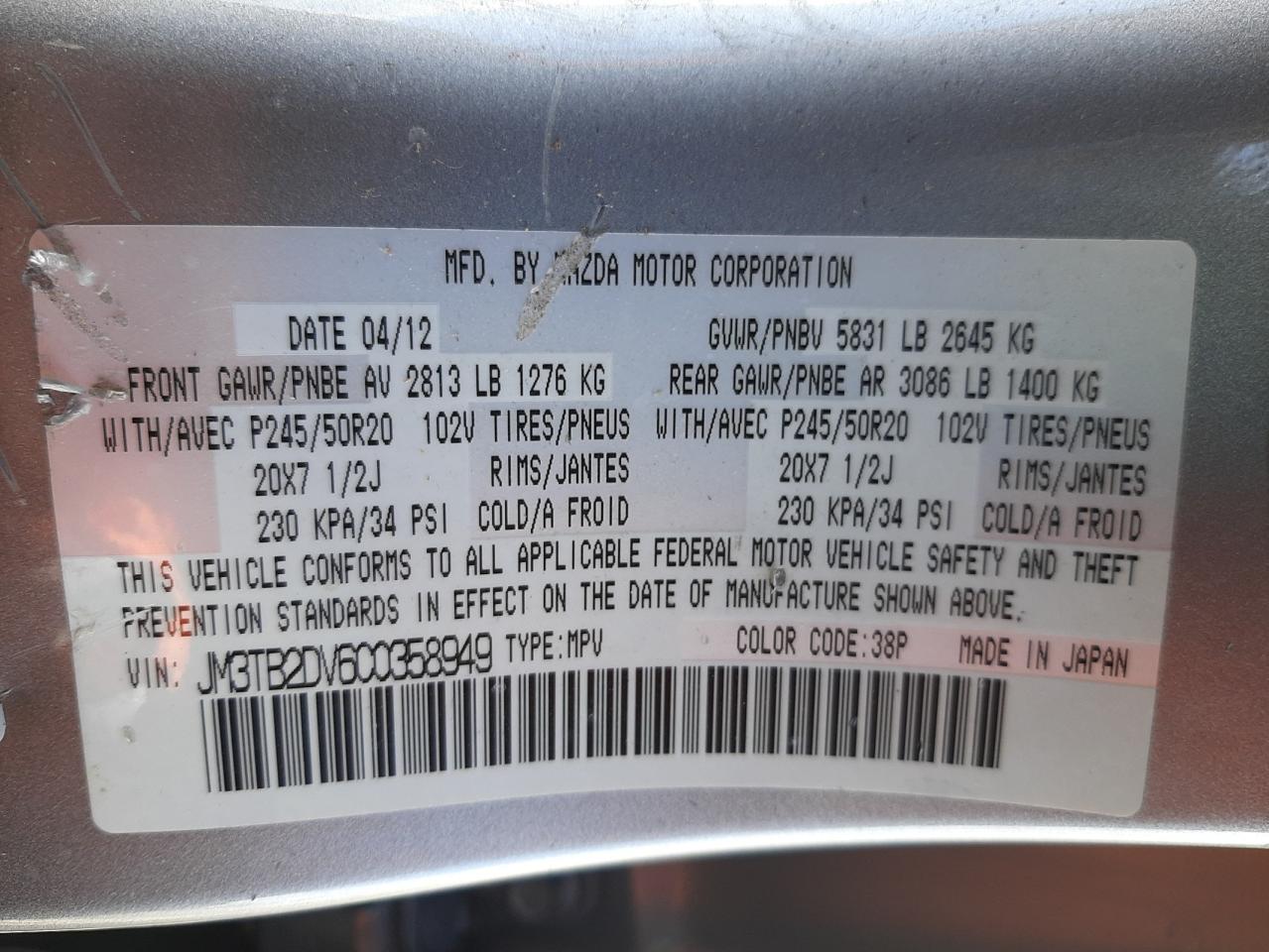 Photo 10 from auction – 2012 MAZDA CX-9 with VIN JM3TB2DV6C0358949