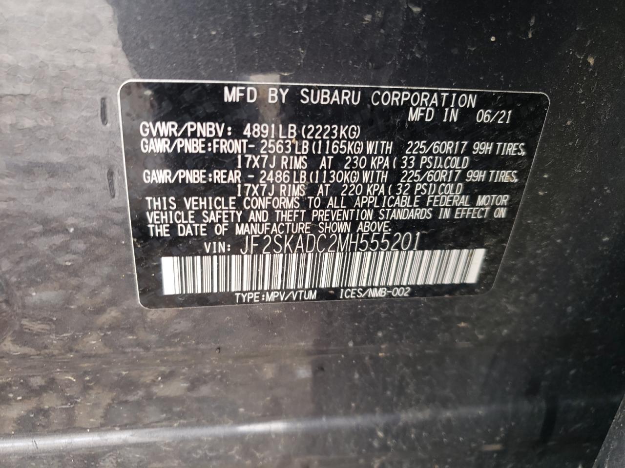 Photo 10 from auction – 2021 SUBARU FORESTER with VIN JF2SKADC2MH555201