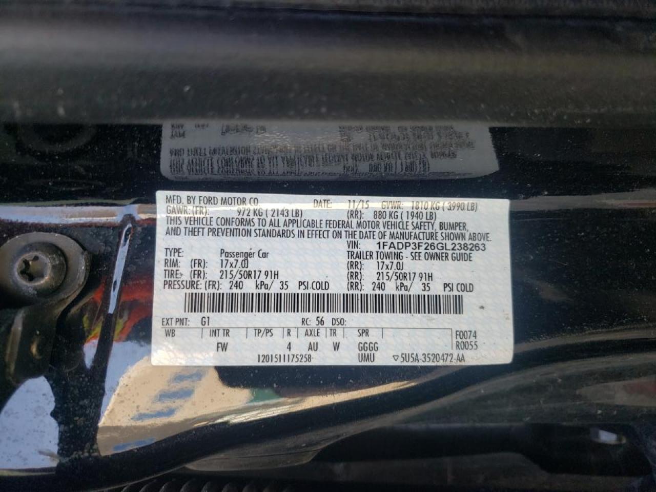 Photo 10 from auction – 2016 FORD FOCUS SE with VIN 1FADP3F26GL238263