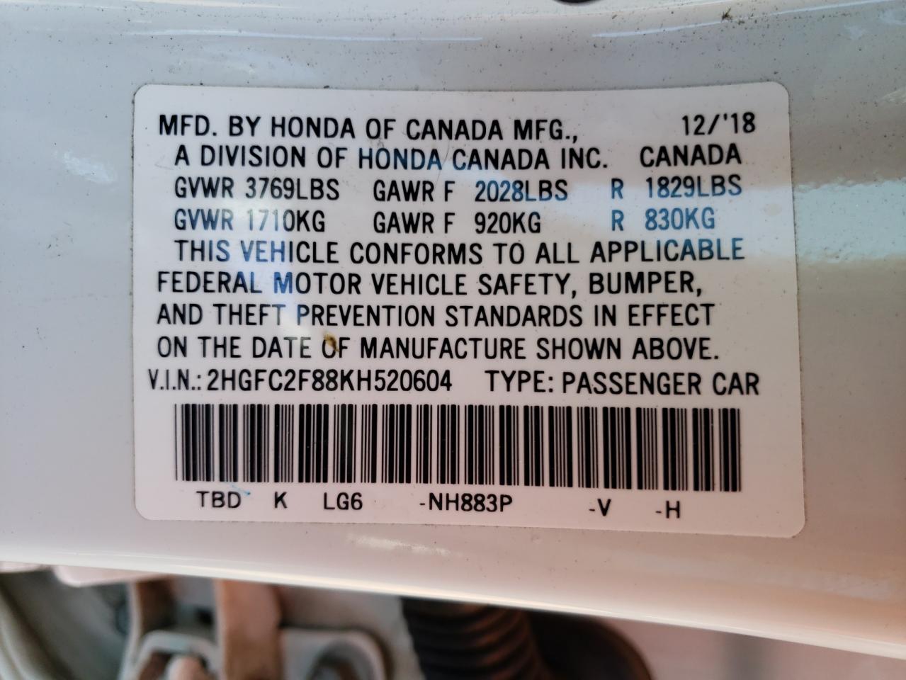 Photo 10 from auction – 2019 HONDA CIVIC with VIN 2HGFC2F88KH520604