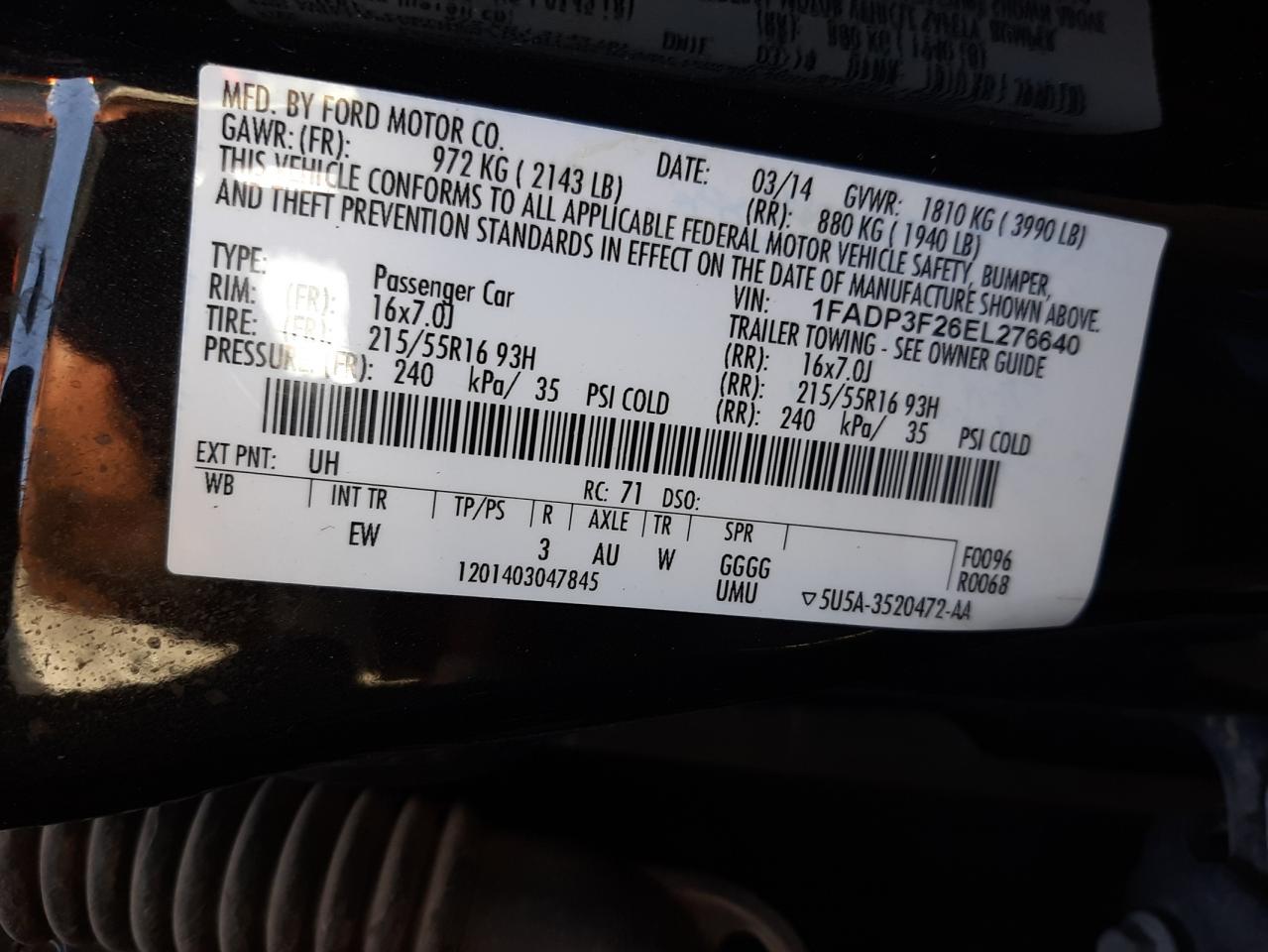 Photo 10 from auction – 2014 FORD FOCUS SE with VIN 1FADP3F26EL276640