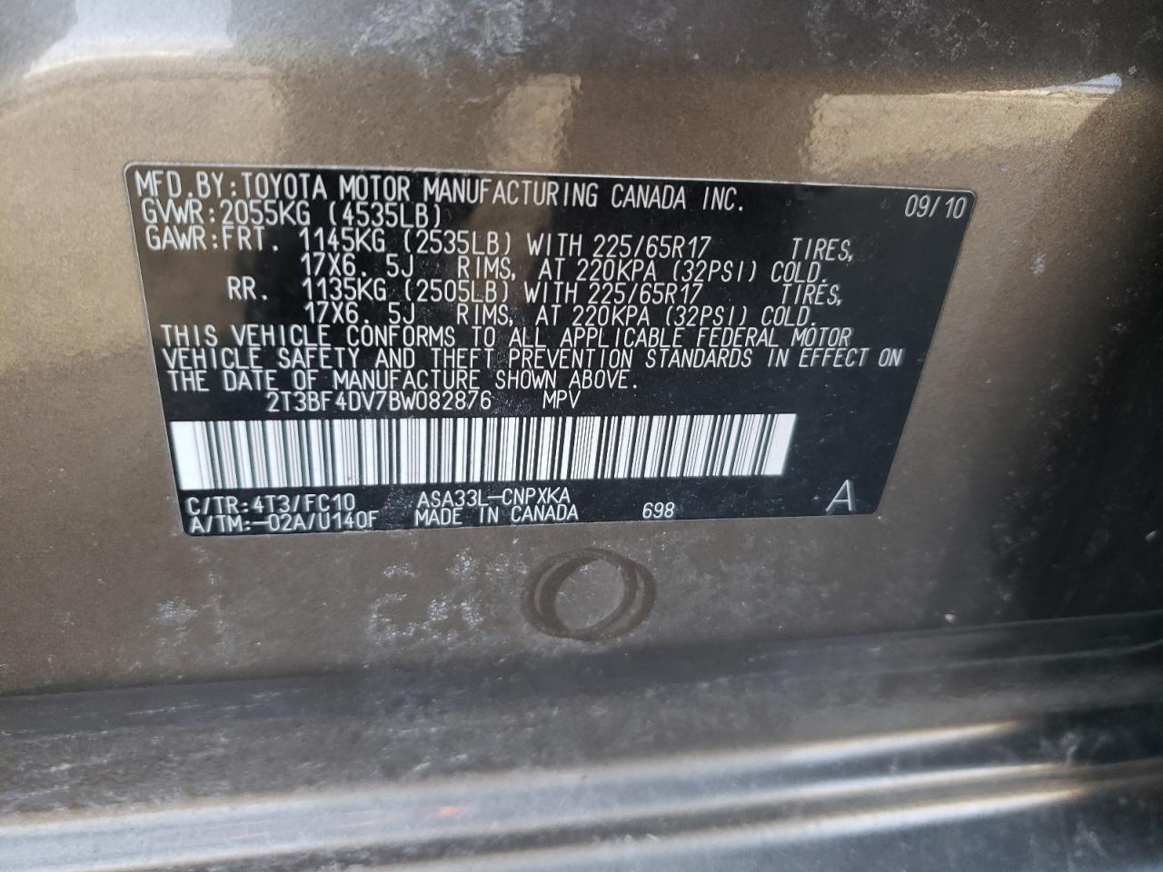 Photo 10 from auction – 2011 TOYOTA RAV4 with VIN 2T3BF4DV7BW082876