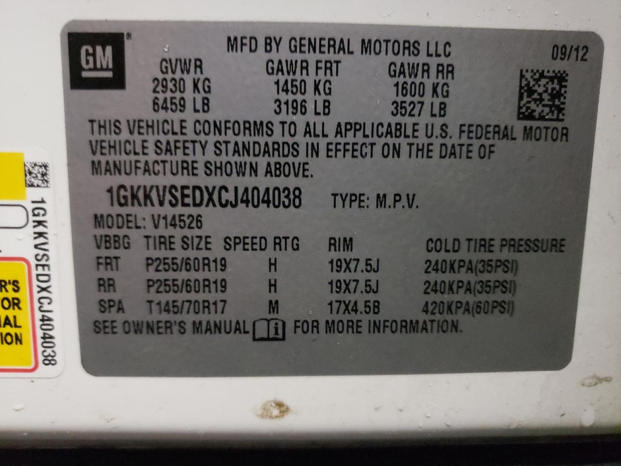 Photo 10 from auction – 2012 GMC ACADIA SLT with VIN 1GKKVSEDXCJ404038