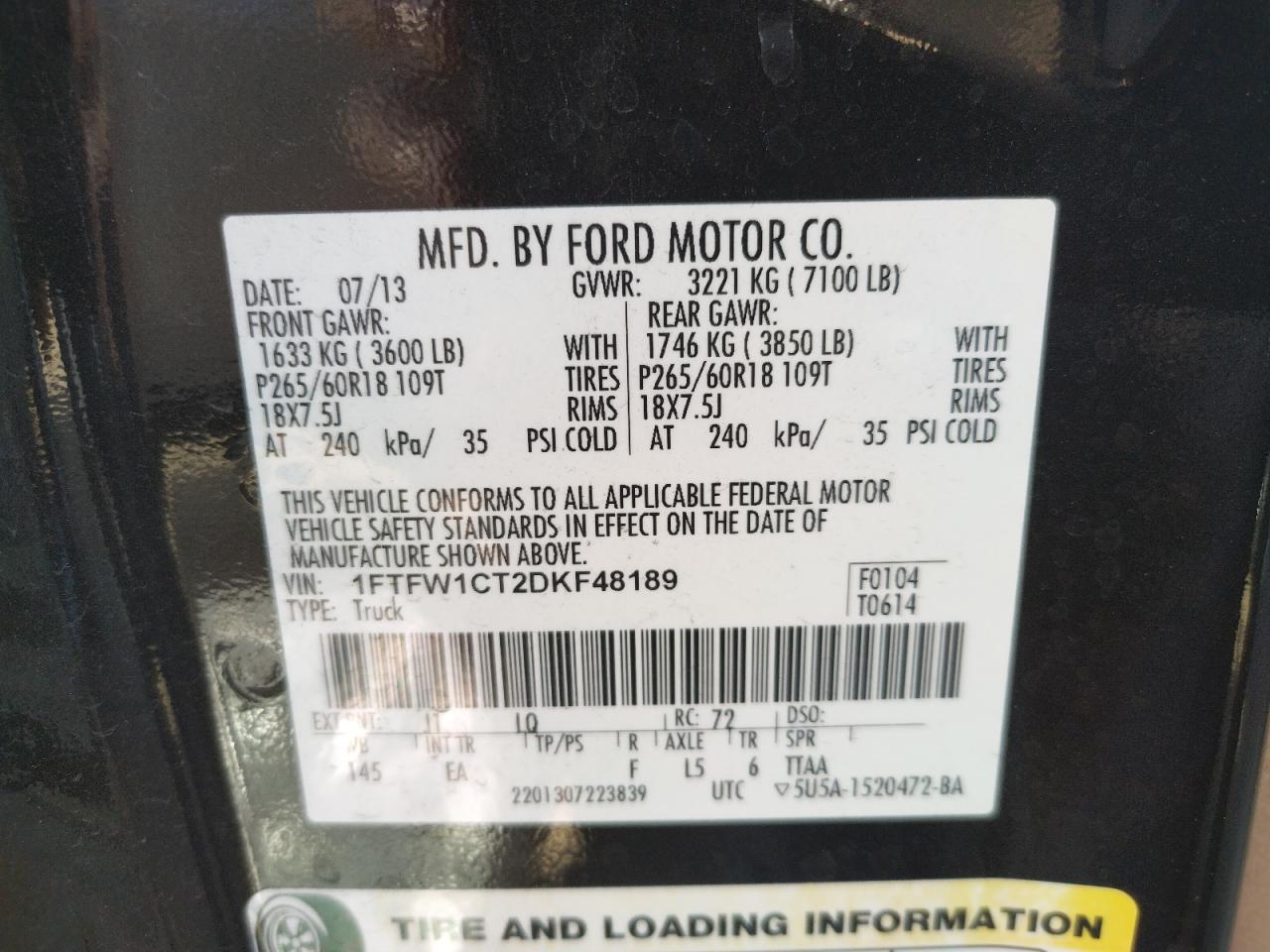 Photo 10 from auction – 2013 FORD F150 SUPER with VIN 1FTFW1CT2DKF48189