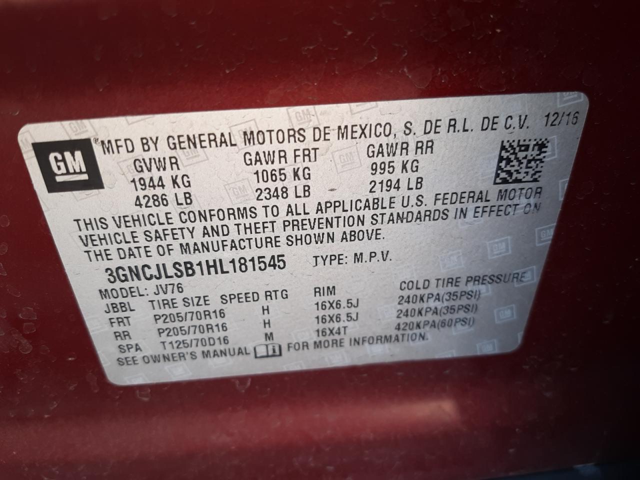 Photo 10 from auction – 2017 CHEVROLET TRAX 1LT with VIN 3GNCJLSB1HL181545