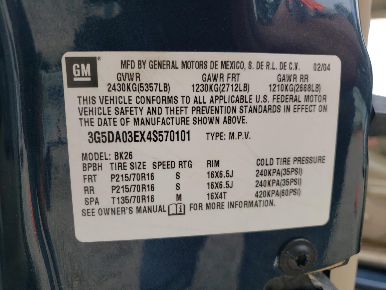 Photo 10 from auction – 2004 BUICK RENDEZVOUS with VIN 3G5DA03EX4S570101