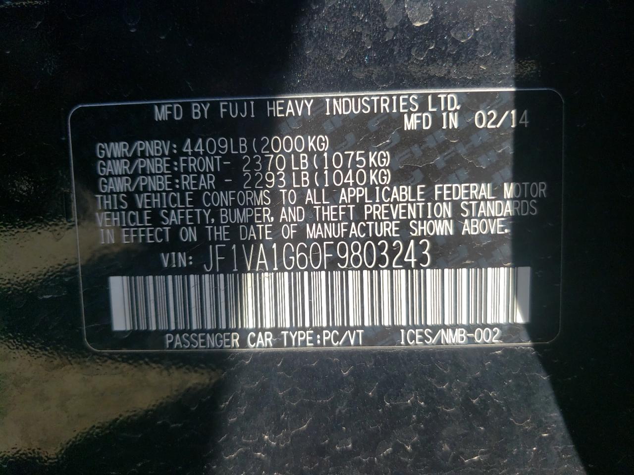 Photo 10 from auction – 2015 SUBARU WRX LIMITE with VIN JF1VA1G60F9803243