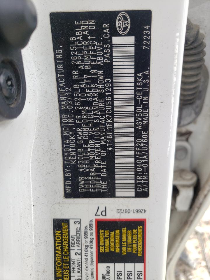 Photo 10 from auction – 2012 TOYOTA CAMRY BASE with VIN 4T1BF1FK7CU561293