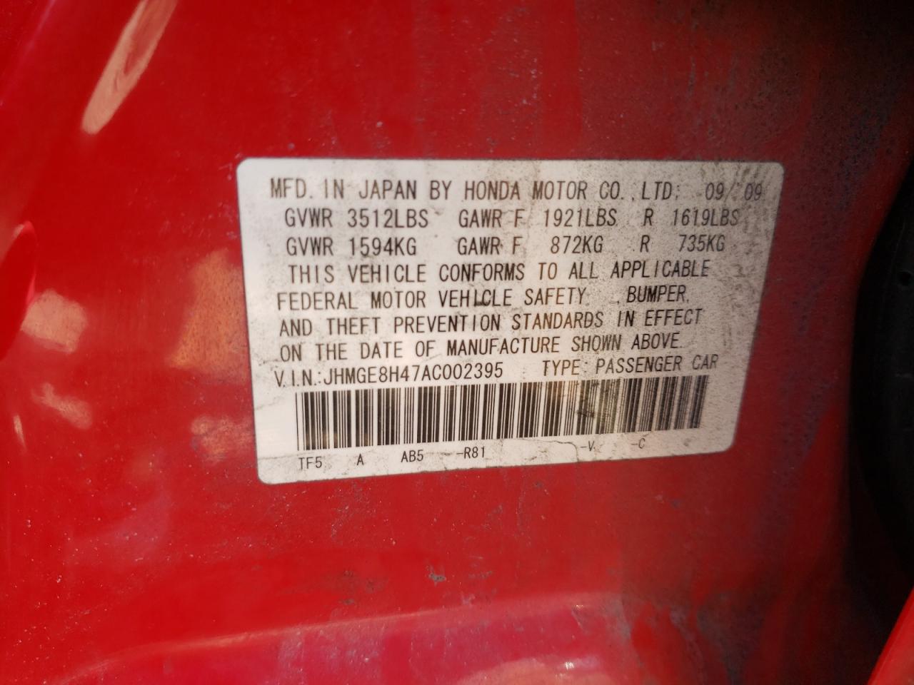 Photo 10 from auction – 2010 HONDA 125 with VIN JHMGE8H47AC002395