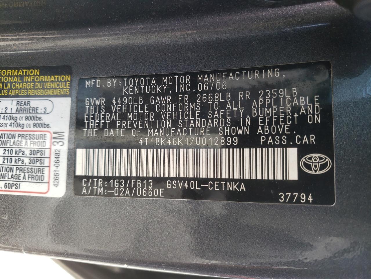 Photo 10 from auction – 2007 TOYOTA CAMRY LE with VIN 4T1BK46K17U012899