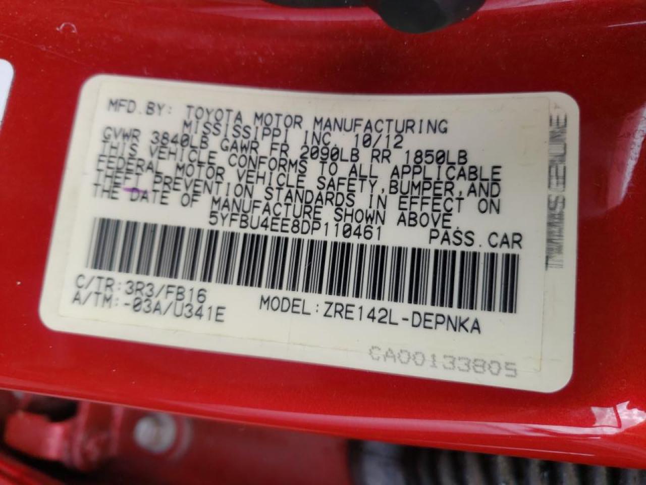 Photo 10 from auction – 2013 TOYOTA COROLLA BA with VIN 5YFBU4EE8DP110461